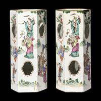 A Pair of Chinese Famille Rose Hexagonal Porcelain Hat Stands