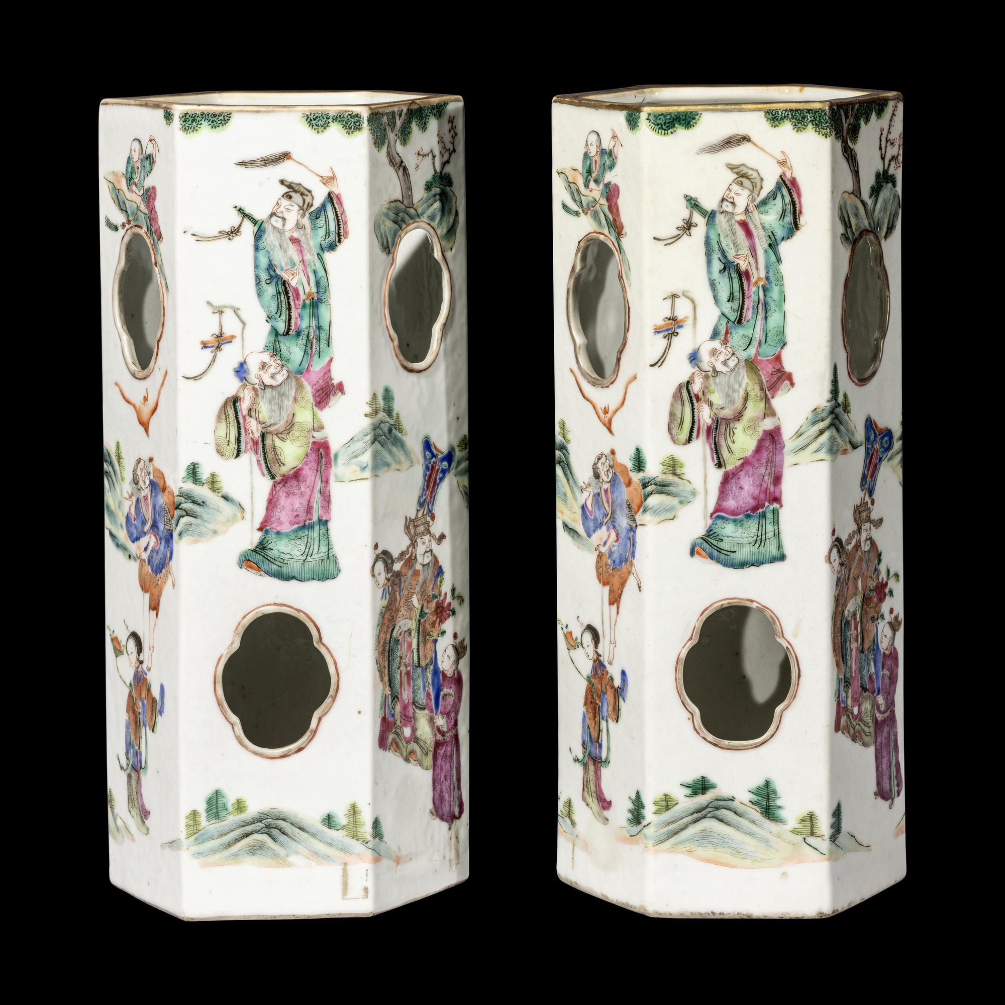 A Pair of Chinese Famille Rose Hexagonal Porcelain Hat Stands