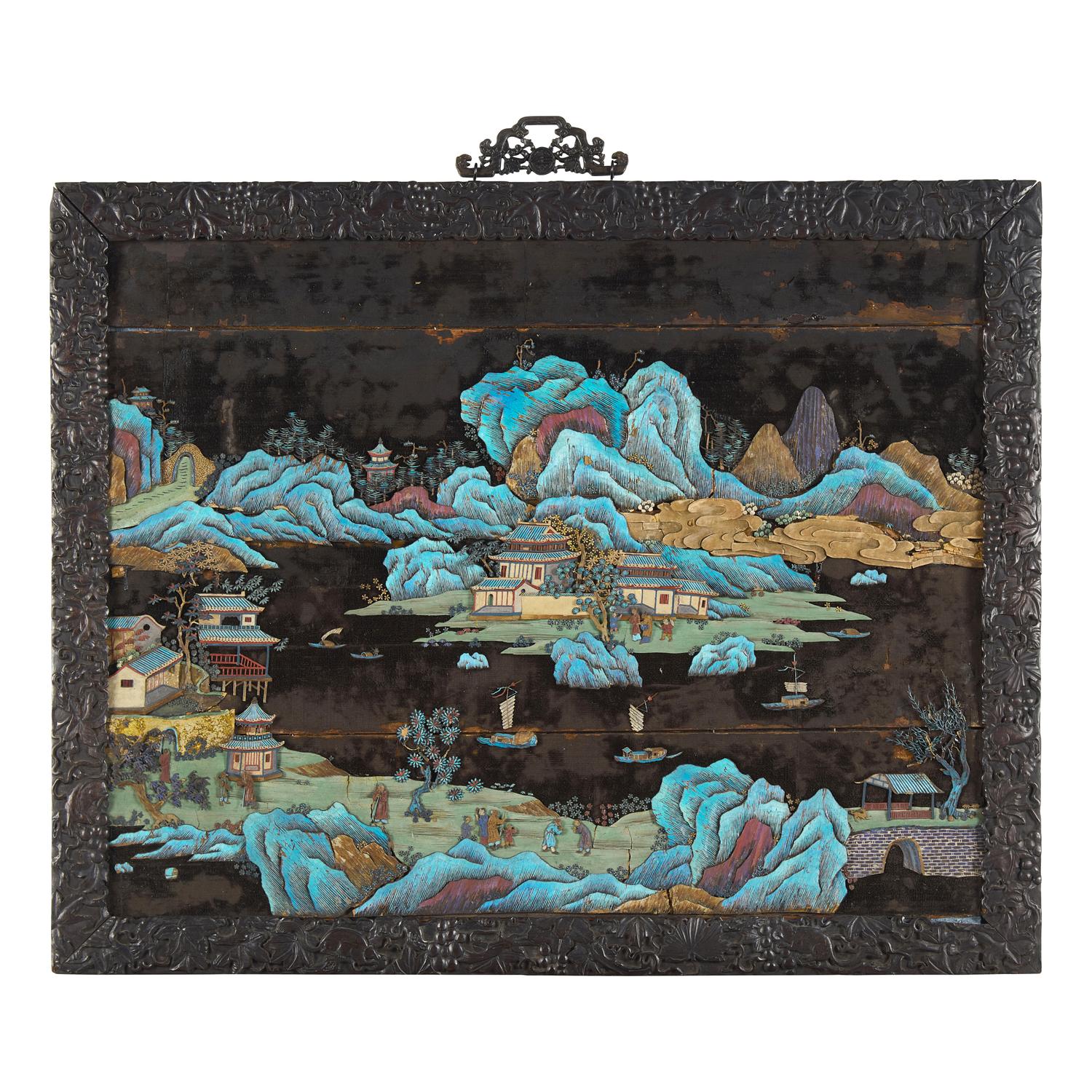 A Chinese Kingfisher Feather Embellished and Zitan Veneer 'Landscape' Wall Panel, 19th Century — 清中晚期 紫檀貼皮點翠山水圖挂屏