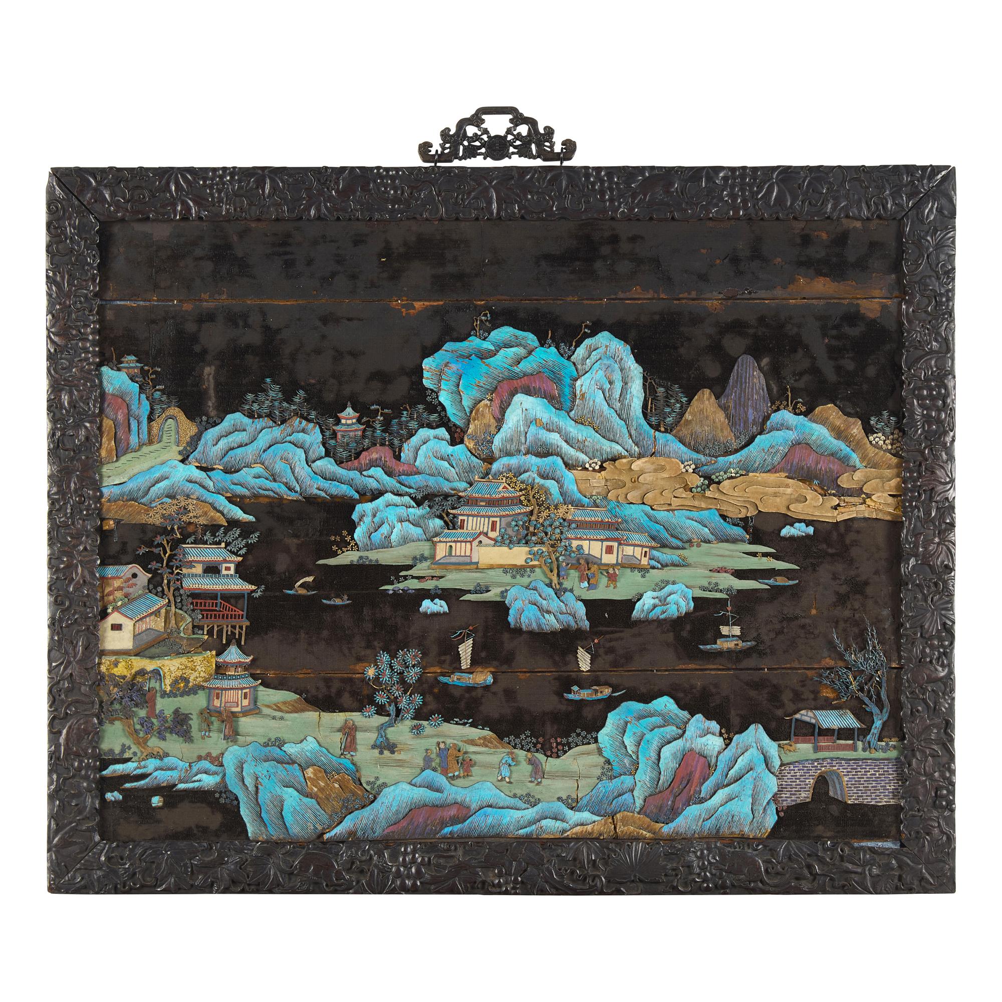 A Chinese Kingfisher Feather Embellished and Zitan Veneer 'Landscape' Wall Panel, 19th Century — 清中晚期 紫檀貼皮點翠山水圖挂屏