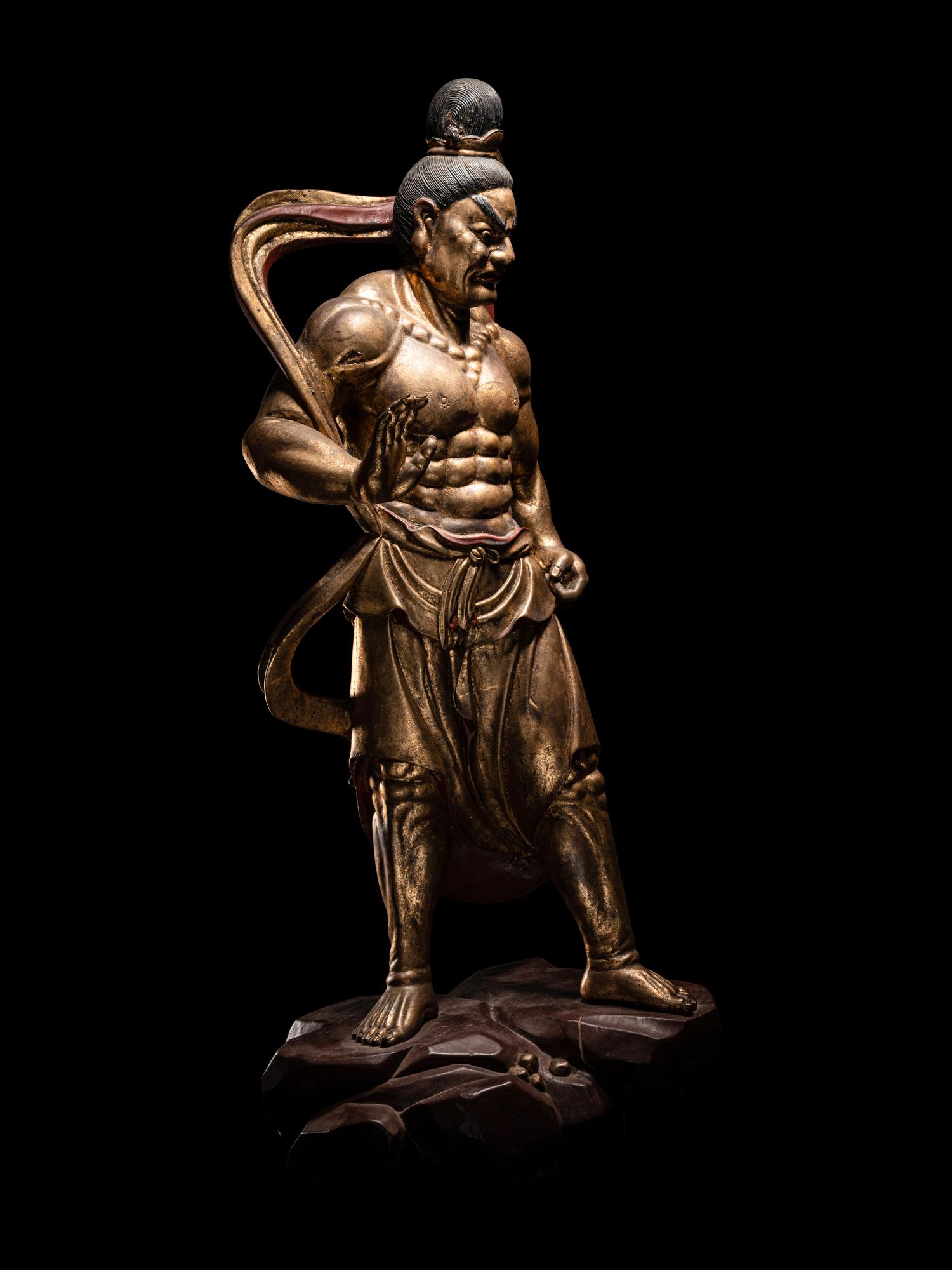 A Pair of Chinese Gilt and Red Lacquered Wood Figures of Wrathful Guardians