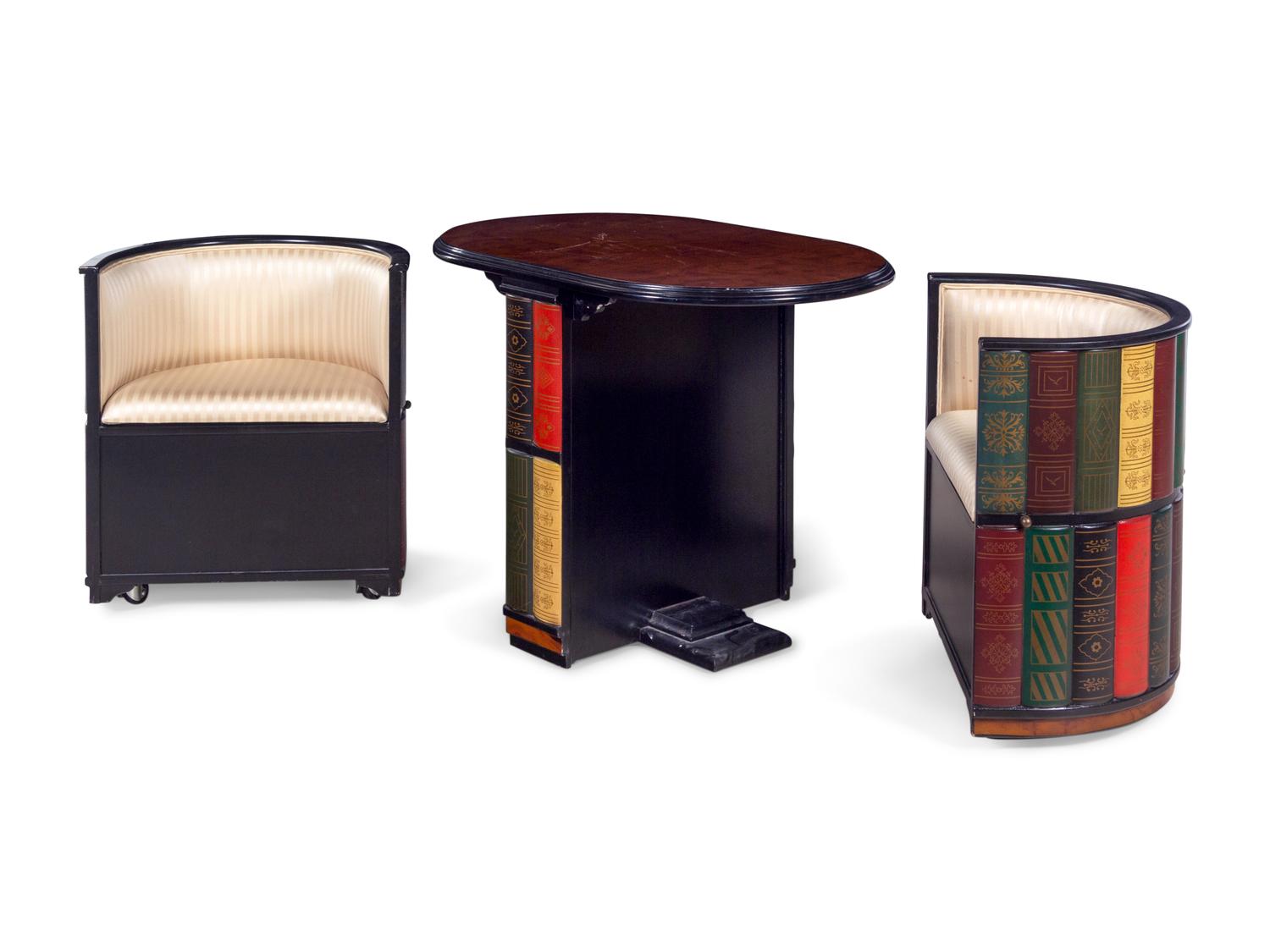 A Design Toscano Nettlestone Library Table and Nested Barrel Chair Set