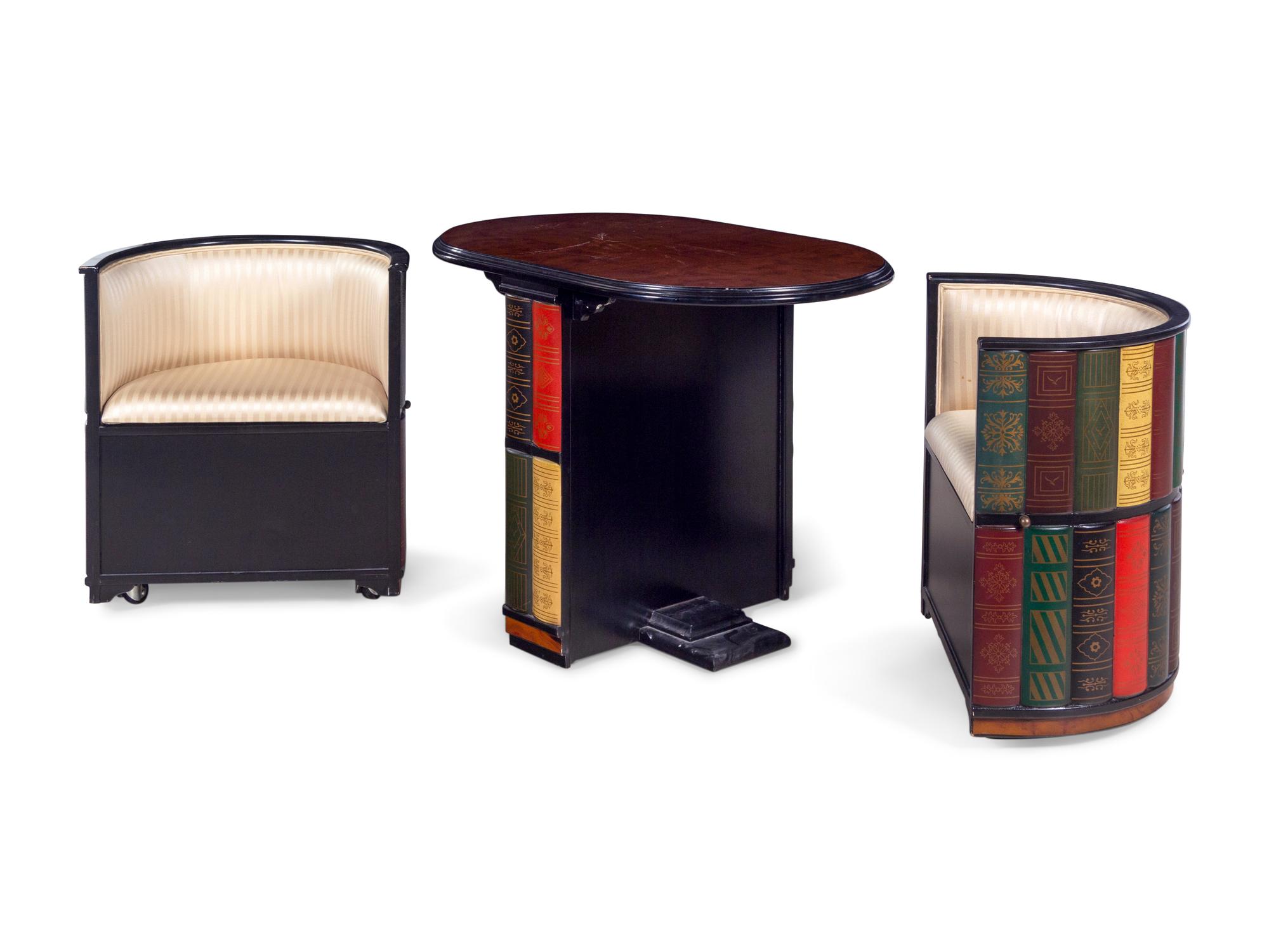 A Design Toscano Nettlestone Library Table and Nested Barrel Chair Set