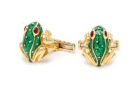 A Pair of 18 Karat Yellow Gold and Polychrome Enamel Frog Cufflinks, David Webb, 13.90 dwts.