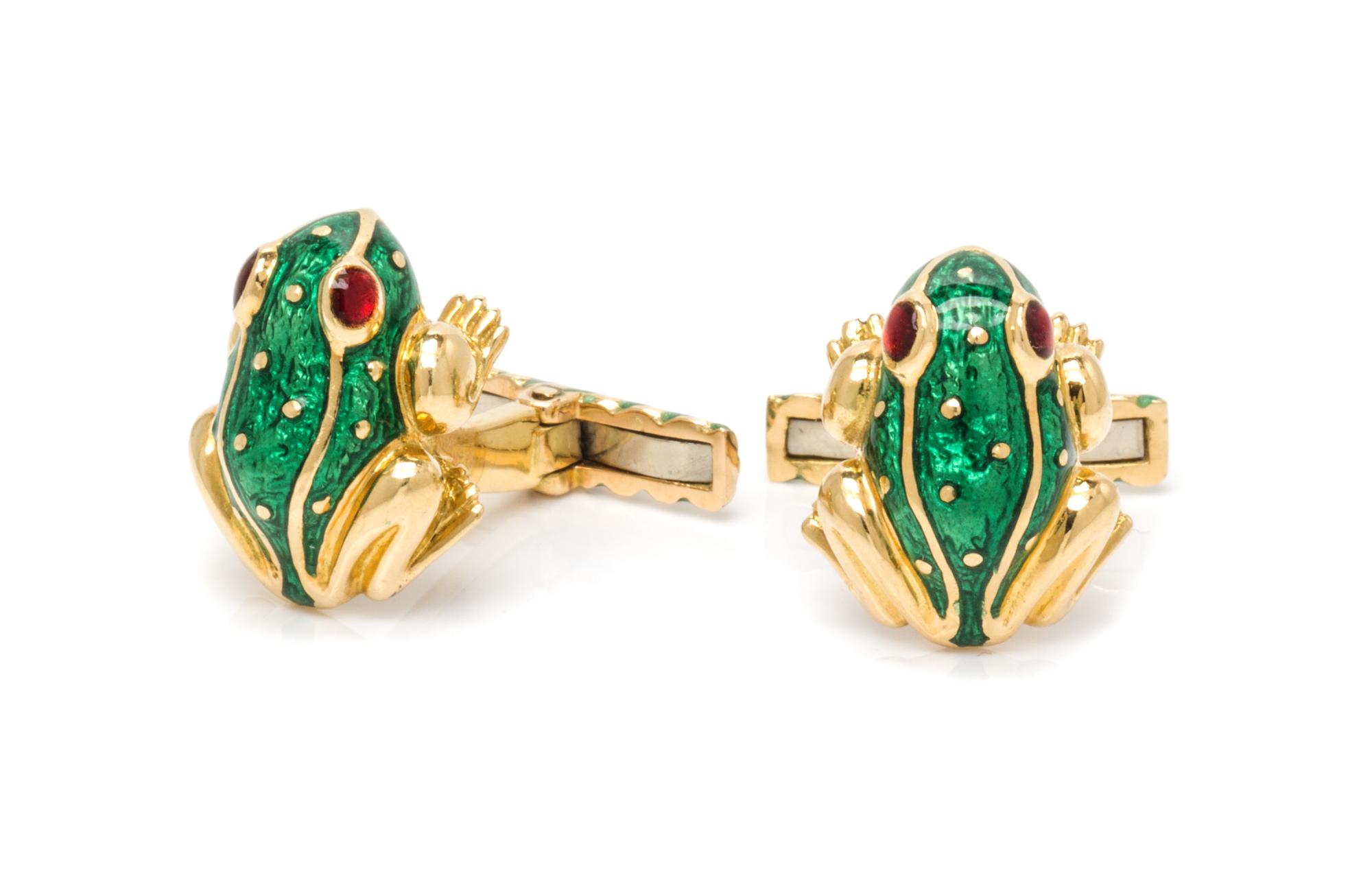 A Pair of 18 Karat Yellow Gold and Polychrome Enamel Frog Cufflinks, David Webb, 13.90 dwts.