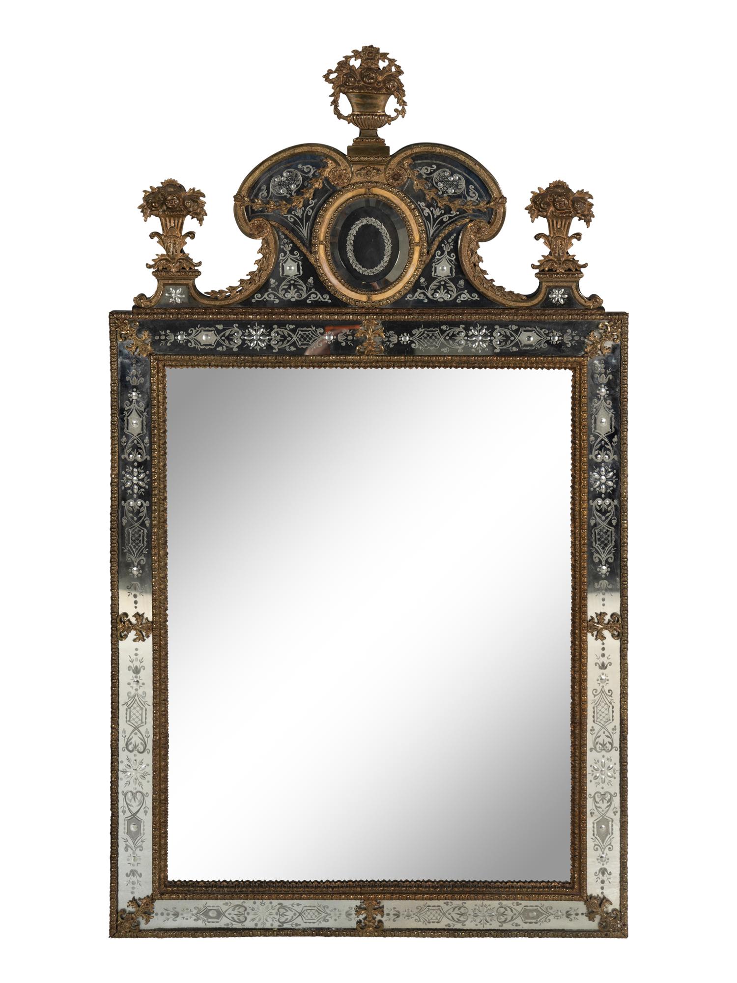 A Pair of Swedish Baroque Style Gilt Metal Mounted Etched Glass Mirrors