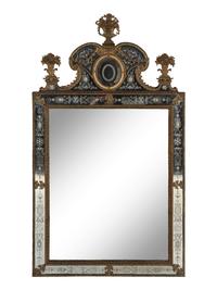 A Pair of Swedish Baroque Style Gilt Metal Mounted Etched Glass Mirrors