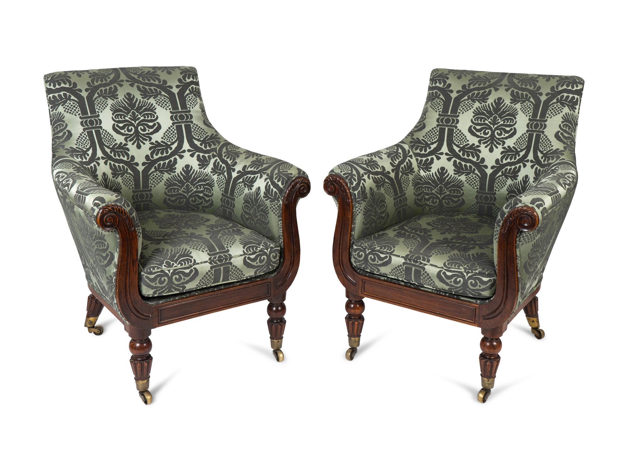 A Pair of Regency Faux Rosewood Upholstered Bergeres Attributed to Gillows — 19TH CENTURY