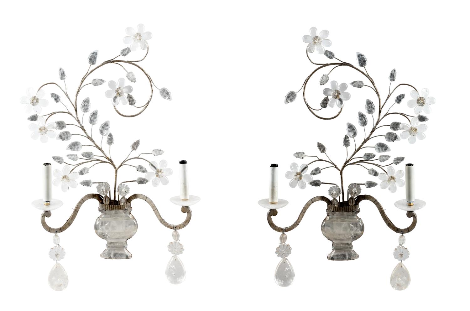 A Pair of Silvered Metal and Rock Crystal Two-Light Sconces in the Style of Maison Baguès