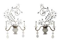 A Pair of Silvered Metal and Rock Crystal Two-Light Sconces in the Style of Maison Baguès