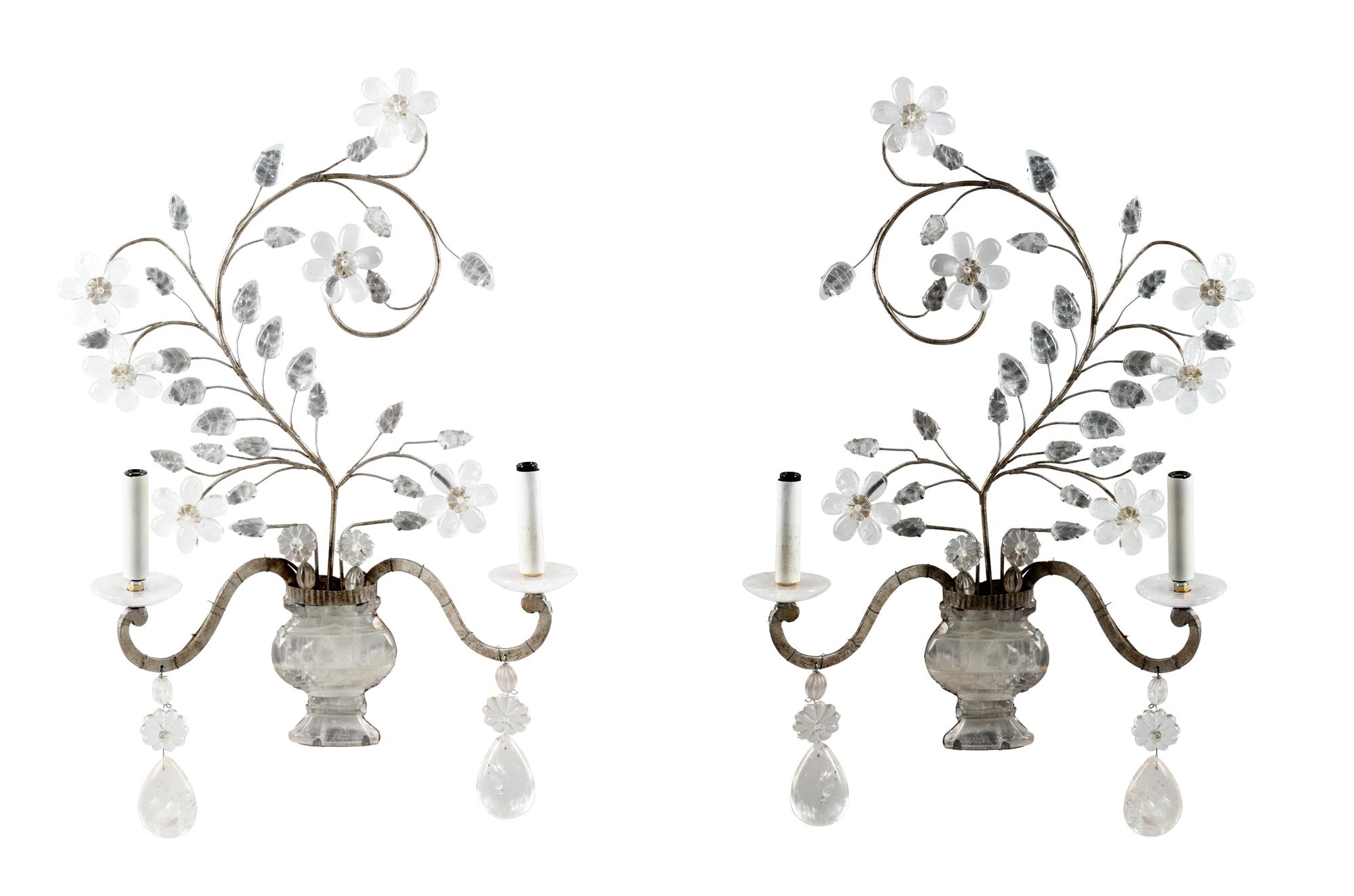 A Pair of Silvered Metal and Rock Crystal Two-Light Sconces in the Style of Maison Baguès