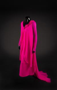 Dress, bag, necklace and earrings, 1989. Dress designed by Paul Zastupnevitch, made by Western Costume Company in Los Angeles. — Worn by Olivia de Havilland for the 15th People’s Choice Awards on March 12, 1989 to accept the People’s Choice Award for “Gone With the Wind” as the favorite film of all time.