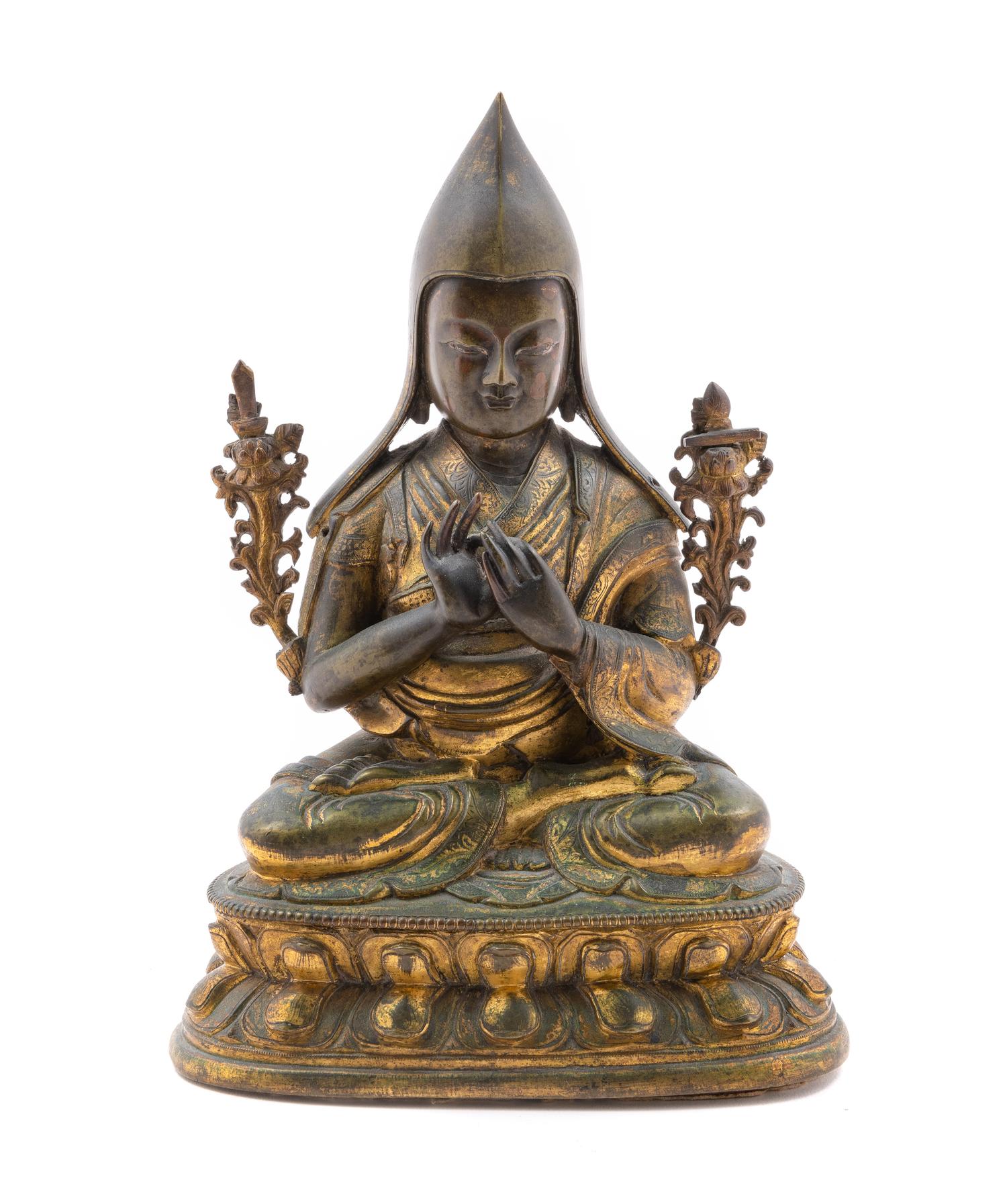 A Sino-Tibetan Parcel-Gilt Bronze Figure of Tshongkapa