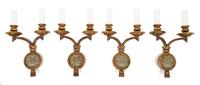 A Set of Four Neoclassical Jade Mounted Bronze Two-Light Sconces Height 15 1/2 inches.