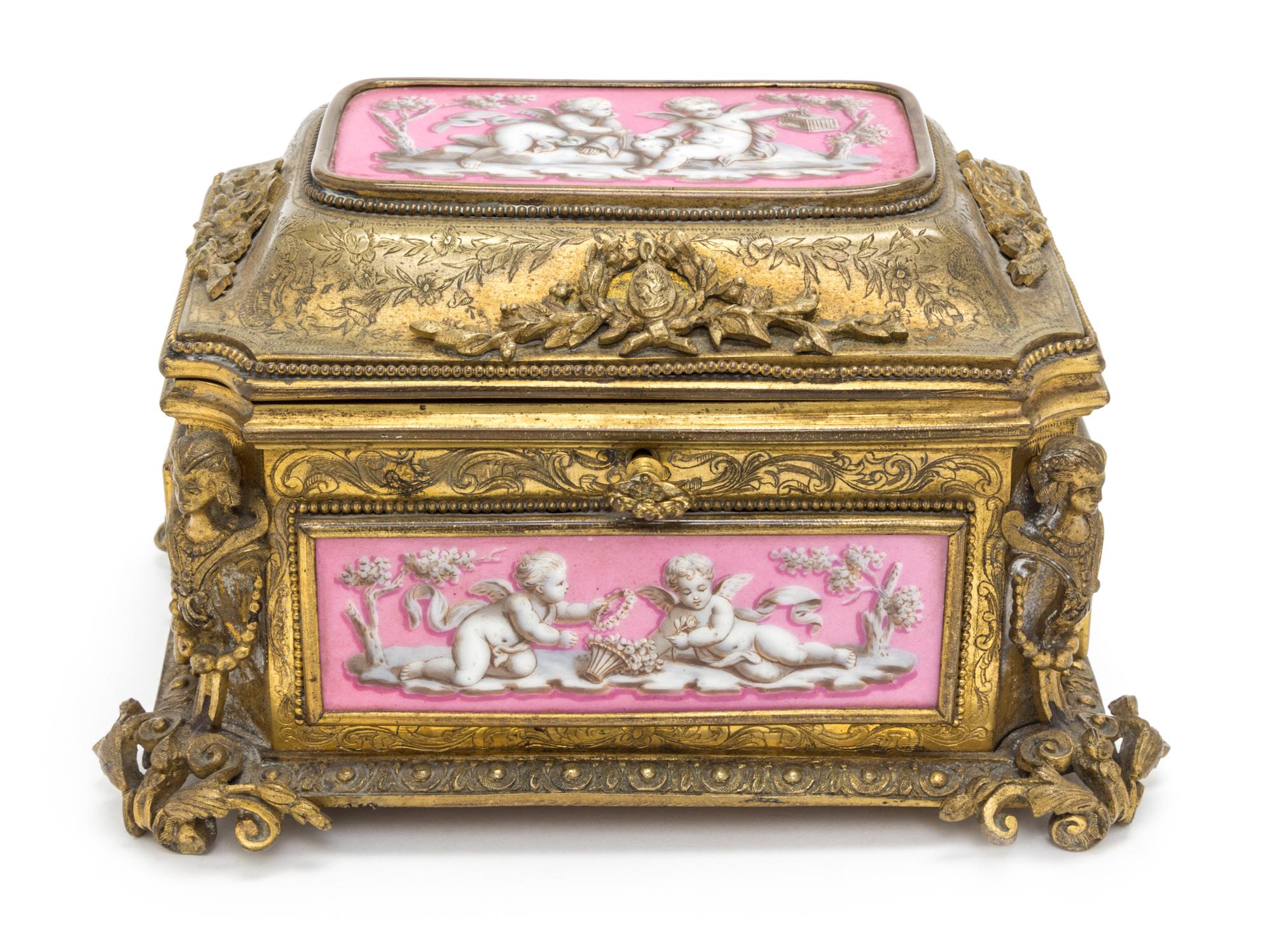 A Napoleon III Sevres Porcelain Mounted Gilt Bronze Table Casket Height 5 x width 7 1/2 x depth 5 1/2 inches. — TAHAN