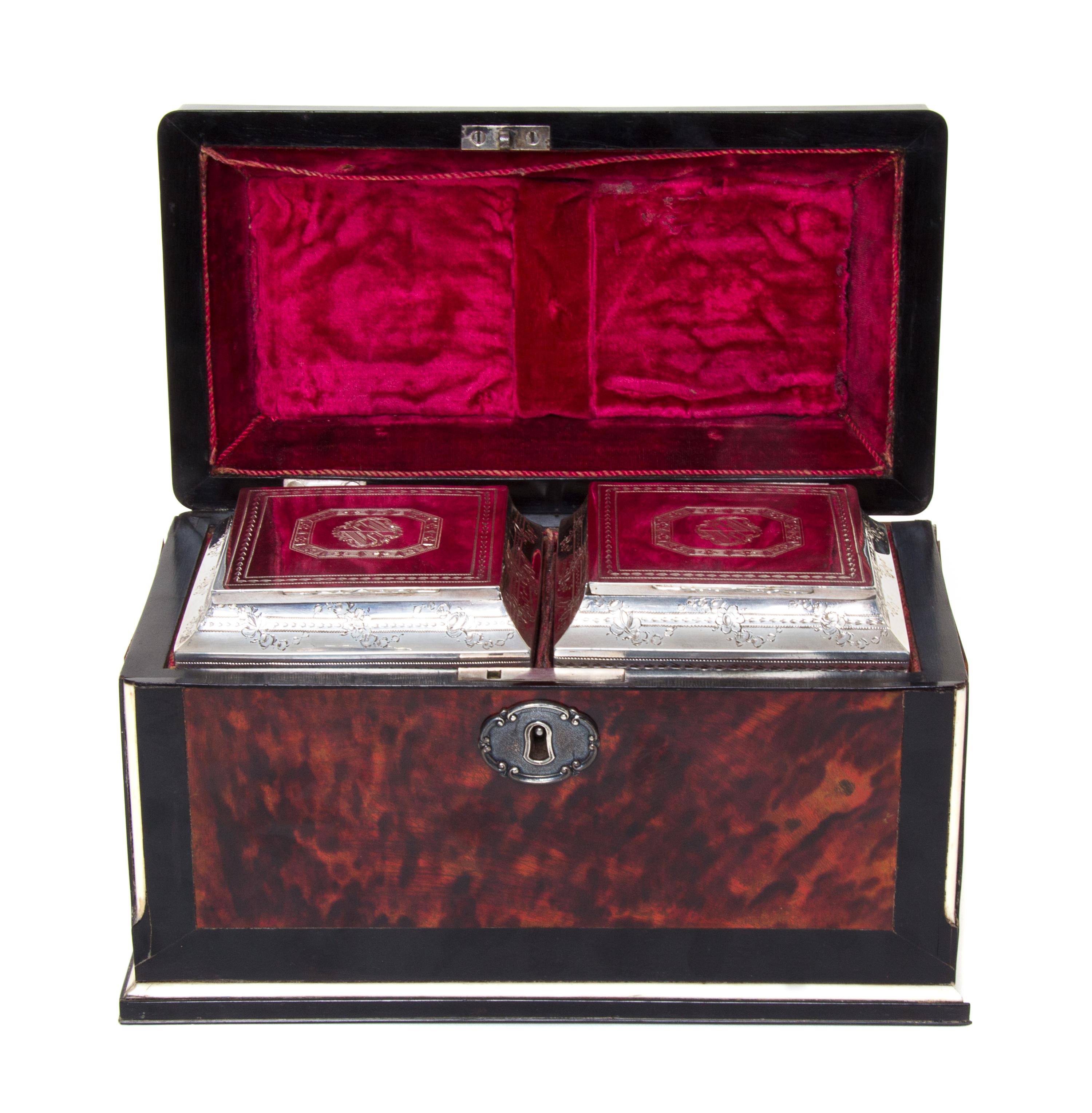 A George III Silver and Tortoise Shell Mounted Ebony Tea Caddy, Silver Liners Marked for Thomas Daniel, London, 1788, the hinged lid wi
