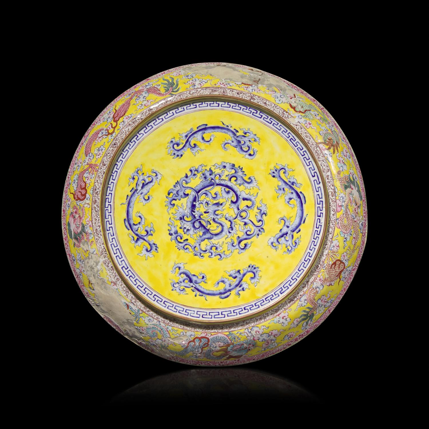 A Finely Decorated Chinese Enameled Copper "Dragons" Dish, 18th Century — 清中期 銅胎畫琺琅云龍紋賞盤