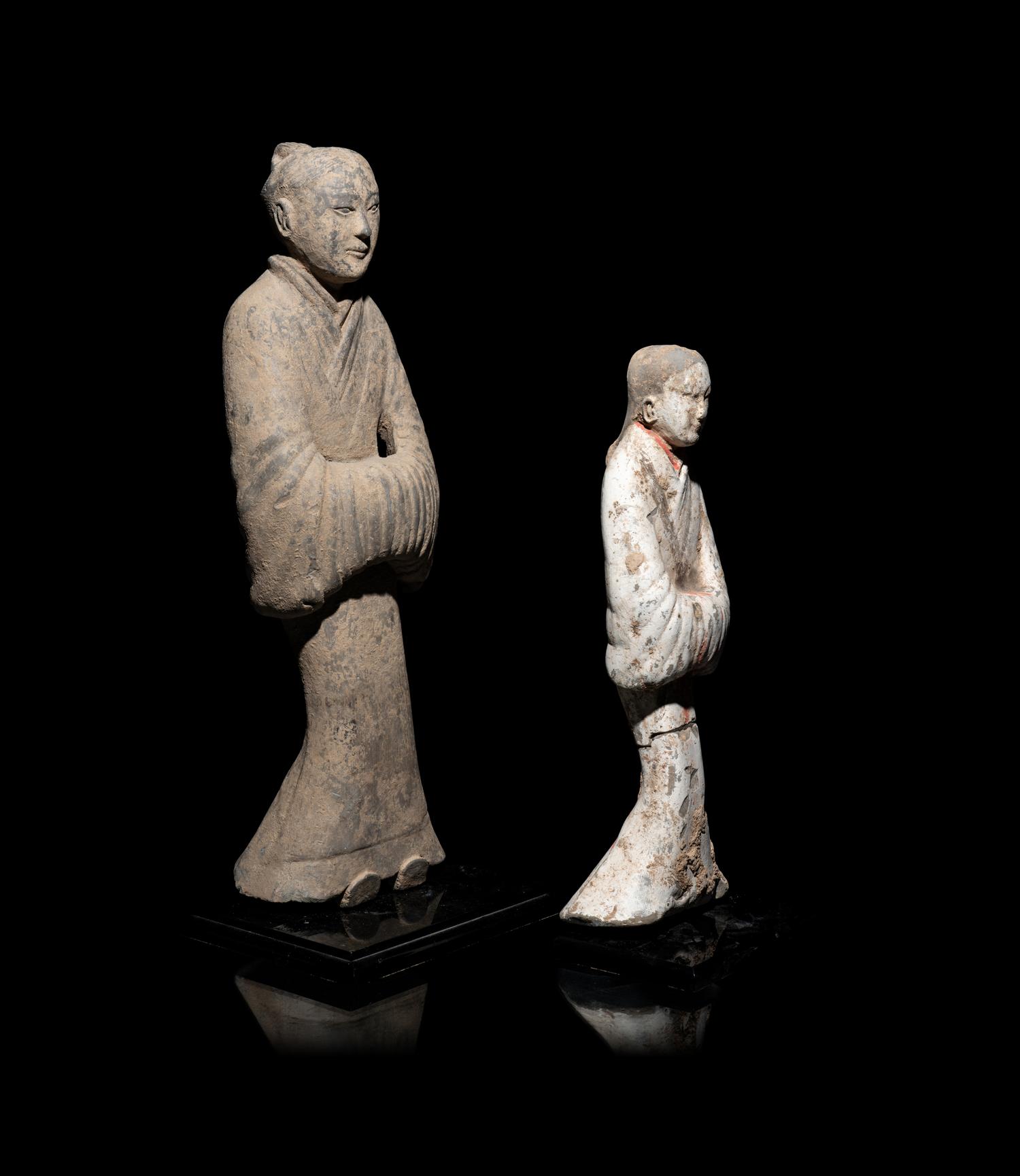 Two Chinese Painted Pottery Figures of Attendants