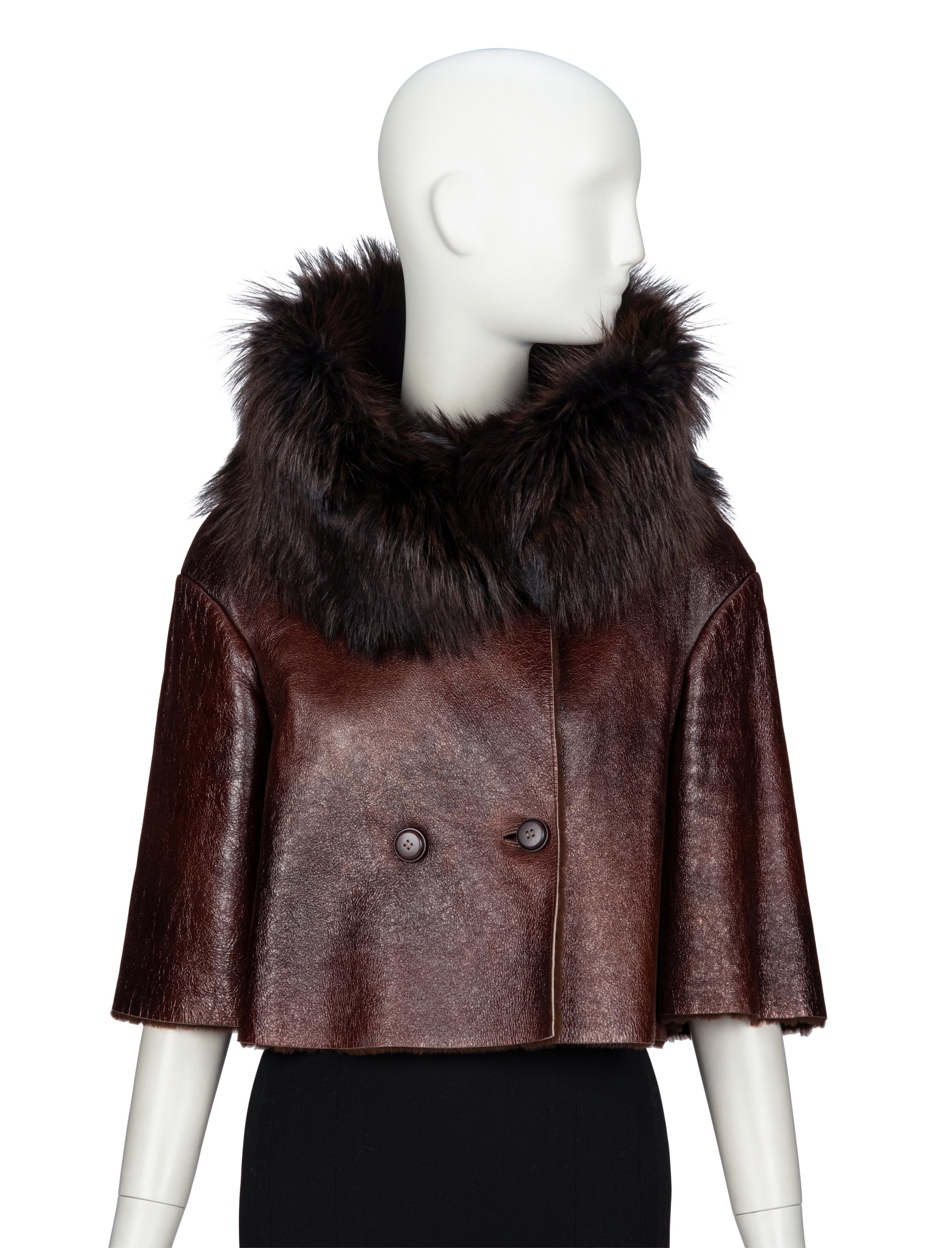 PRADA, FUR COLLAR CROPPED LEATHER JACKET