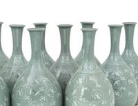 12 Korean Celadon Porcelain Ground 'Crane and Cloud' Bottle Vases
