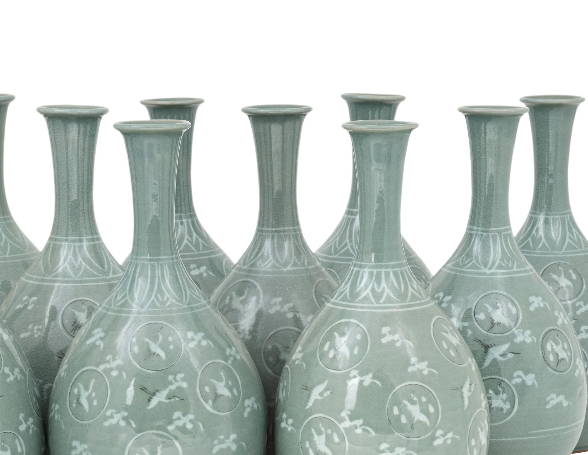 12 Korean Celadon Porcelain Ground 'Crane and Cloud' Bottle Vases