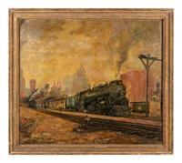 Locomotive in Train Yard with City in Distance