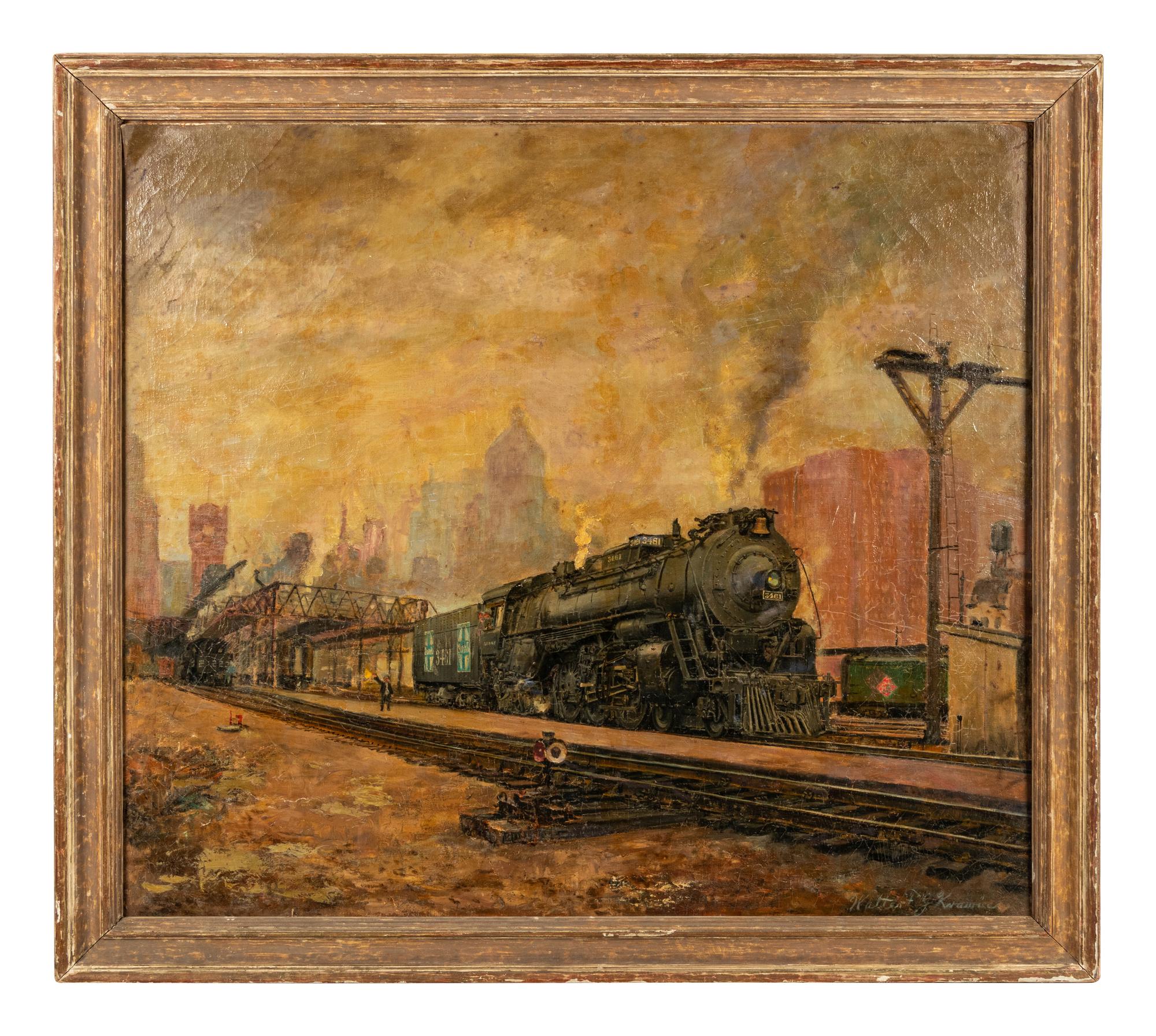 Locomotive in Train Yard with City in Distance