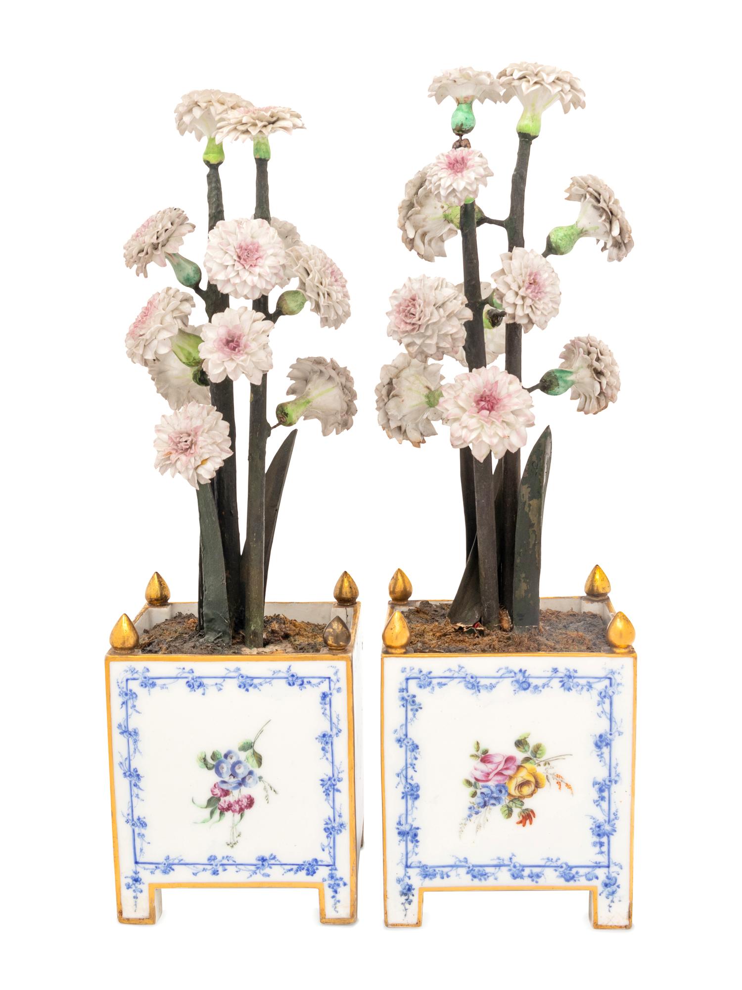 A Pair of Vincennes Gilt-Metal Mounted Porcelain Orange Tubs ( Caisses à Fleurs Carr é es, 2ème Grandeur ) Fitted with Porcelain Flowers on Papier- Mâché Stems