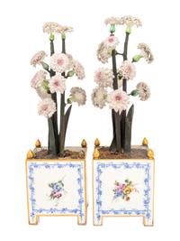 A Pair of Vincennes Gilt-Metal Mounted Porcelain Orange Tubs ( Caisses à Fleurs Carr é es, 2ème Grandeur ) Fitted with Porcelain Flowers on Papier- Mâché Stems