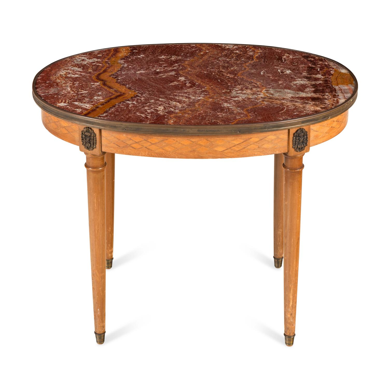 A Louis XVI Style Parquetry and Marble-Top Side Table