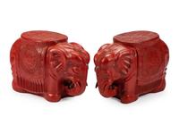 A Pair of Chinese Jeweled Cinnabar Elephant-Form Stools