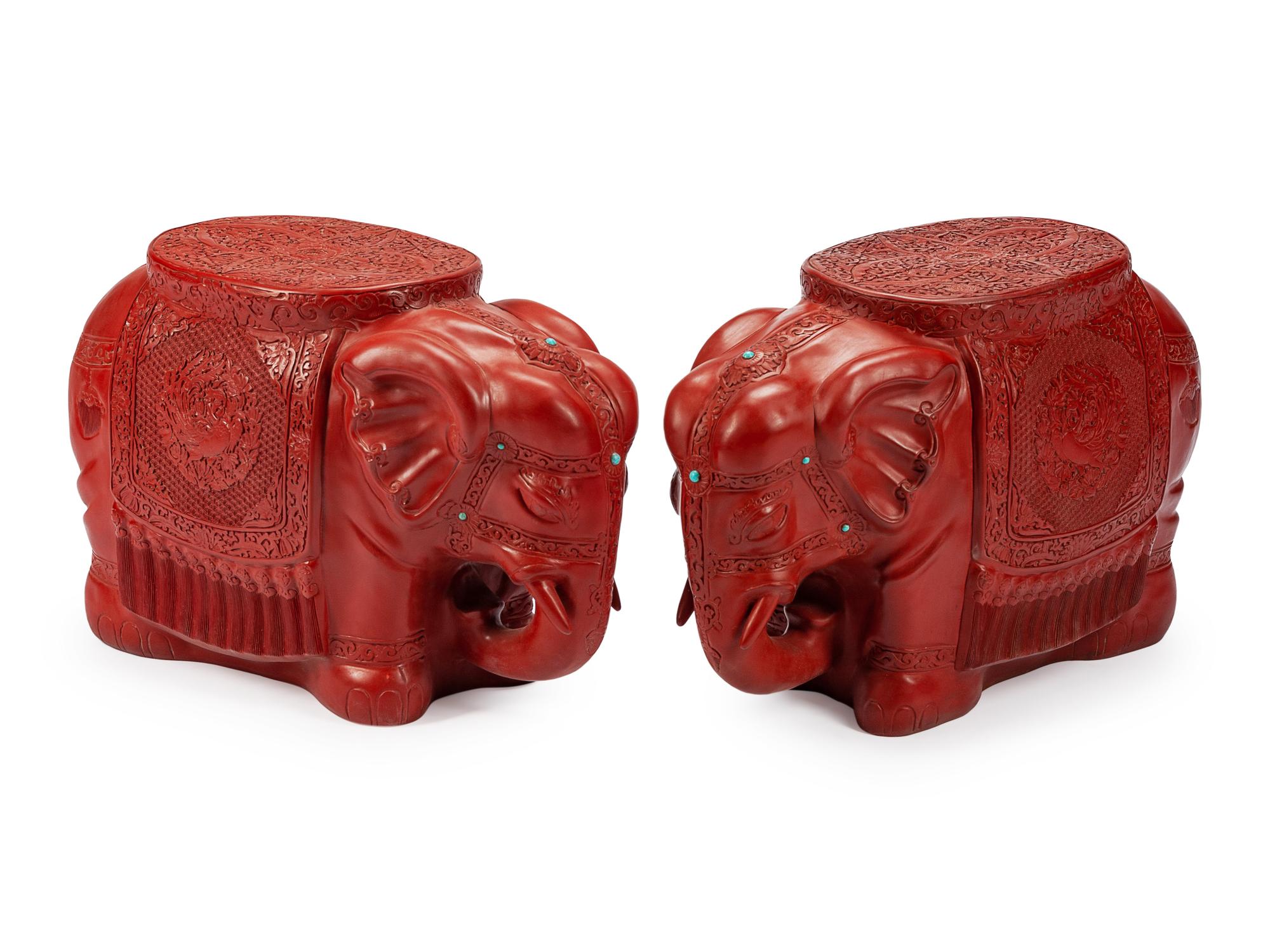 A Pair of Chinese Jeweled Cinnabar Elephant-Form Stools