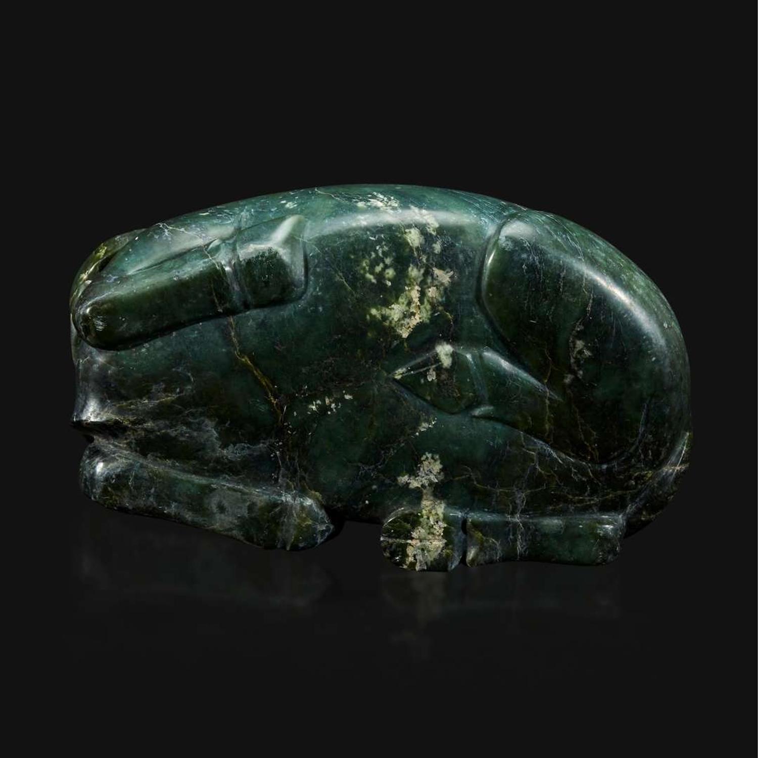 A large Chinese spinach jade recumbent water buffalo 菠菜绿玉水牛