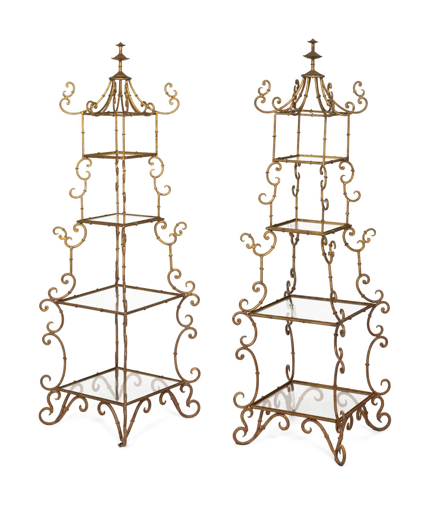 A Pair of Italian Gilt Metal Pagoda-Form Etageres