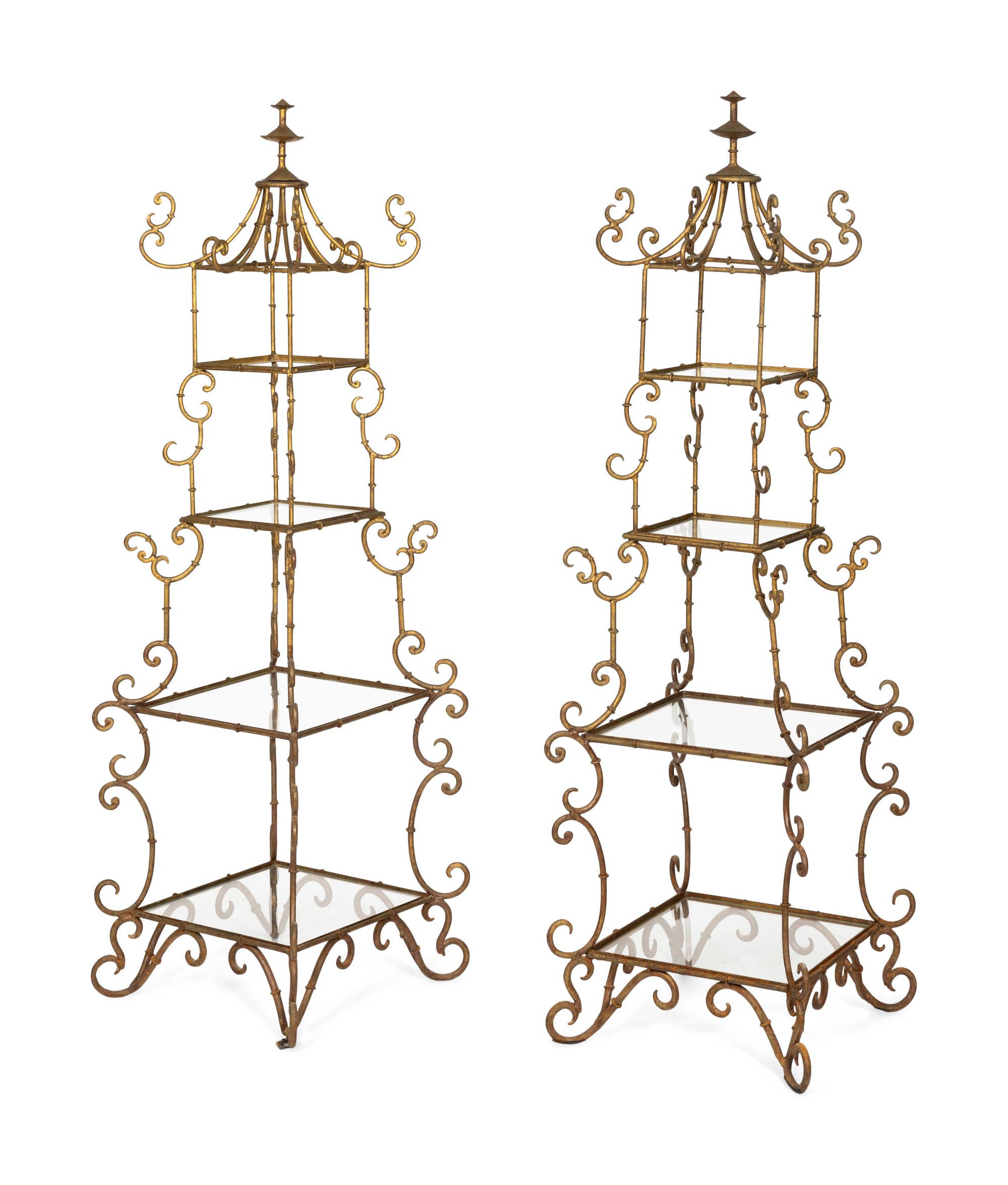 A Pair of Italian Gilt Metal Pagoda-Form Etageres