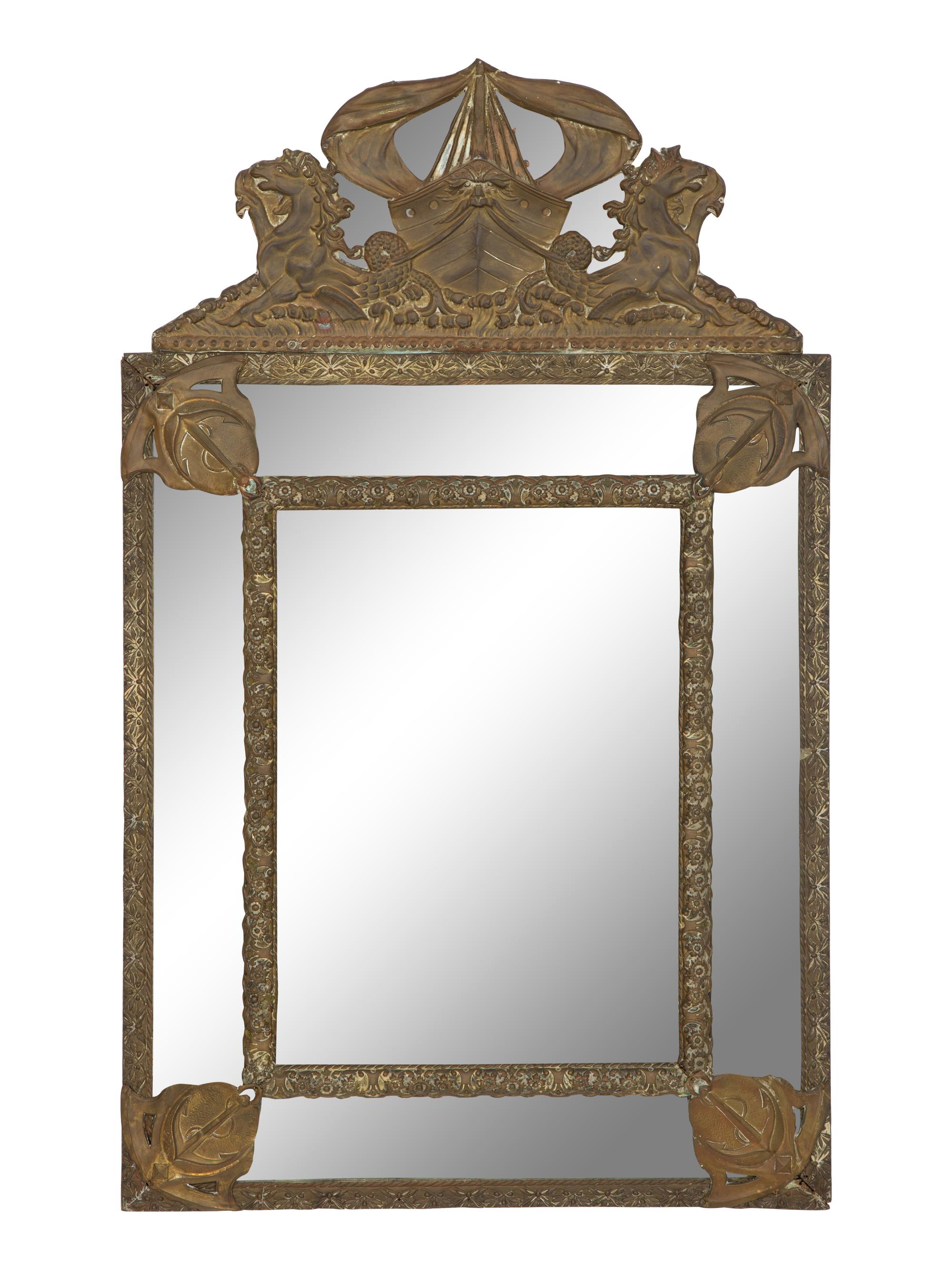 A Dutch Chased Brass Cushion Mirror with Nautical Motif