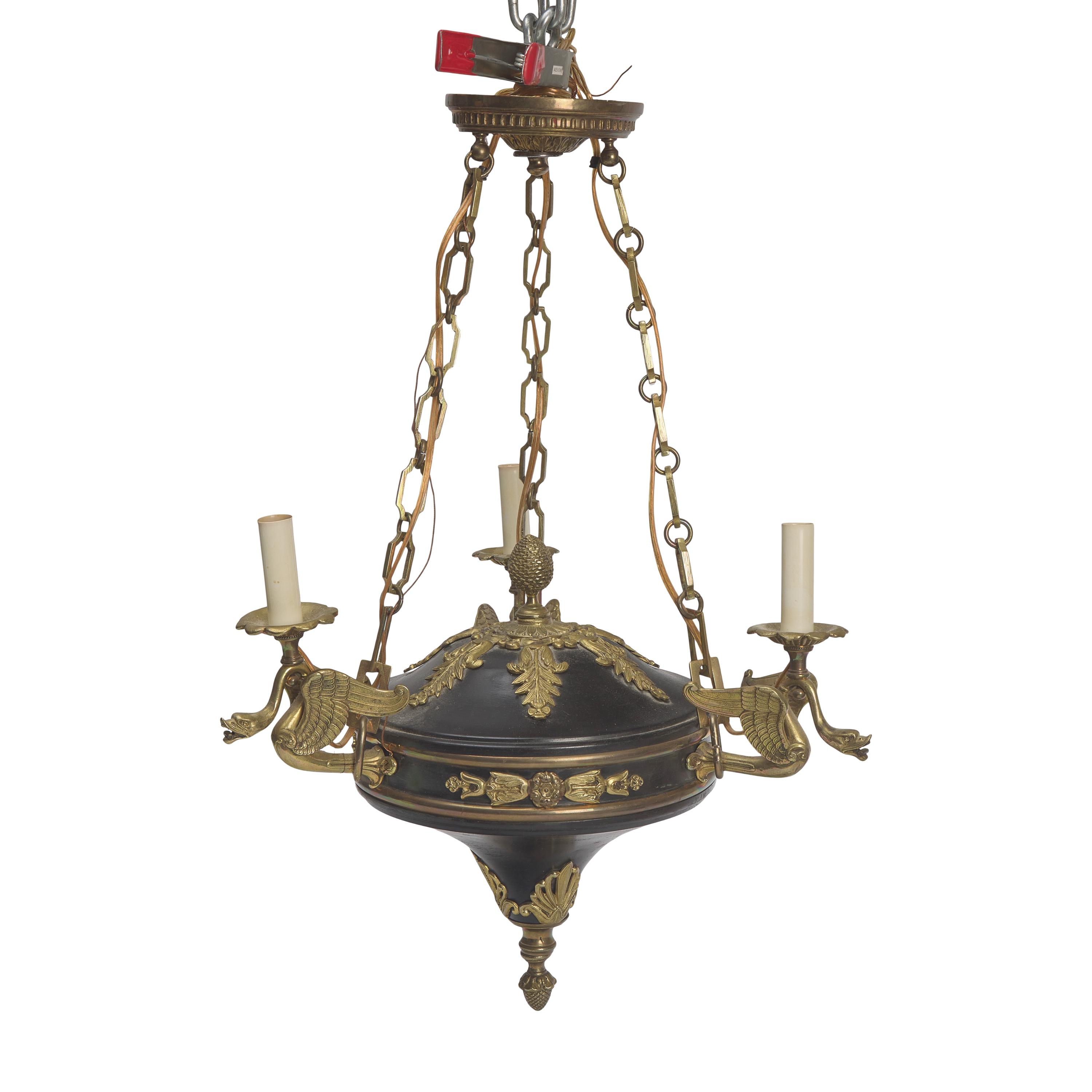 A French Empire Style Gilt Bronze and Black-Painted Three-Light Chandelier