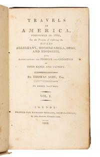 ASHE, Thomas (1770-1835). Travels in America, Performed in 1806, for the Purpose of exploring the Rivers Alleghany, Monongahela, Ohio, and Mississippi. London: Richard Phillips, 1808.
