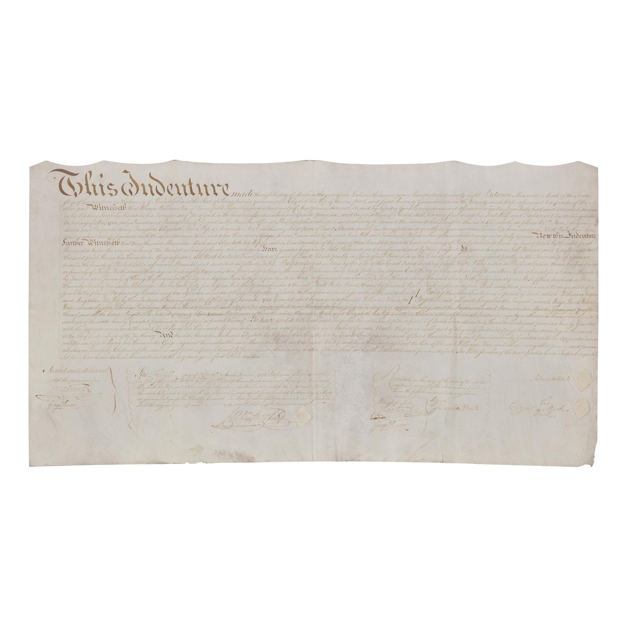 [Philadelphia] Franks, Isaac. Signed 1798 Philadelphia indenture