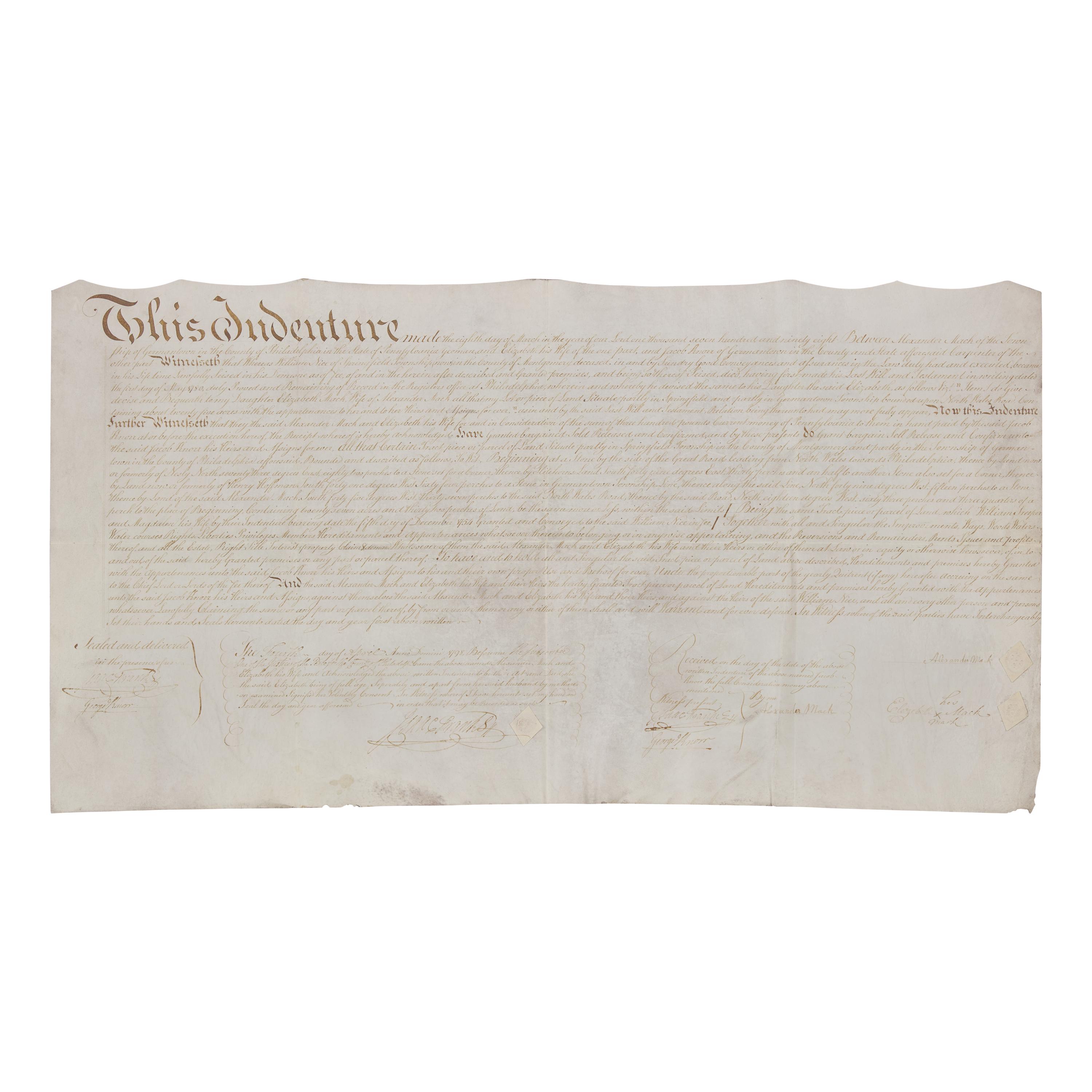 [Philadelphia] Franks, Isaac. Signed 1798 Philadelphia indenture