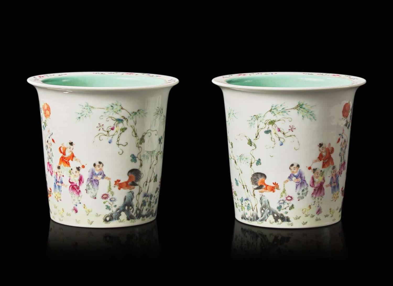 A pair of Chinese famille rose "Boys" jardinieres, six-character Guangxu mark 粉彩嬰戲花盆一對 光緒六字款