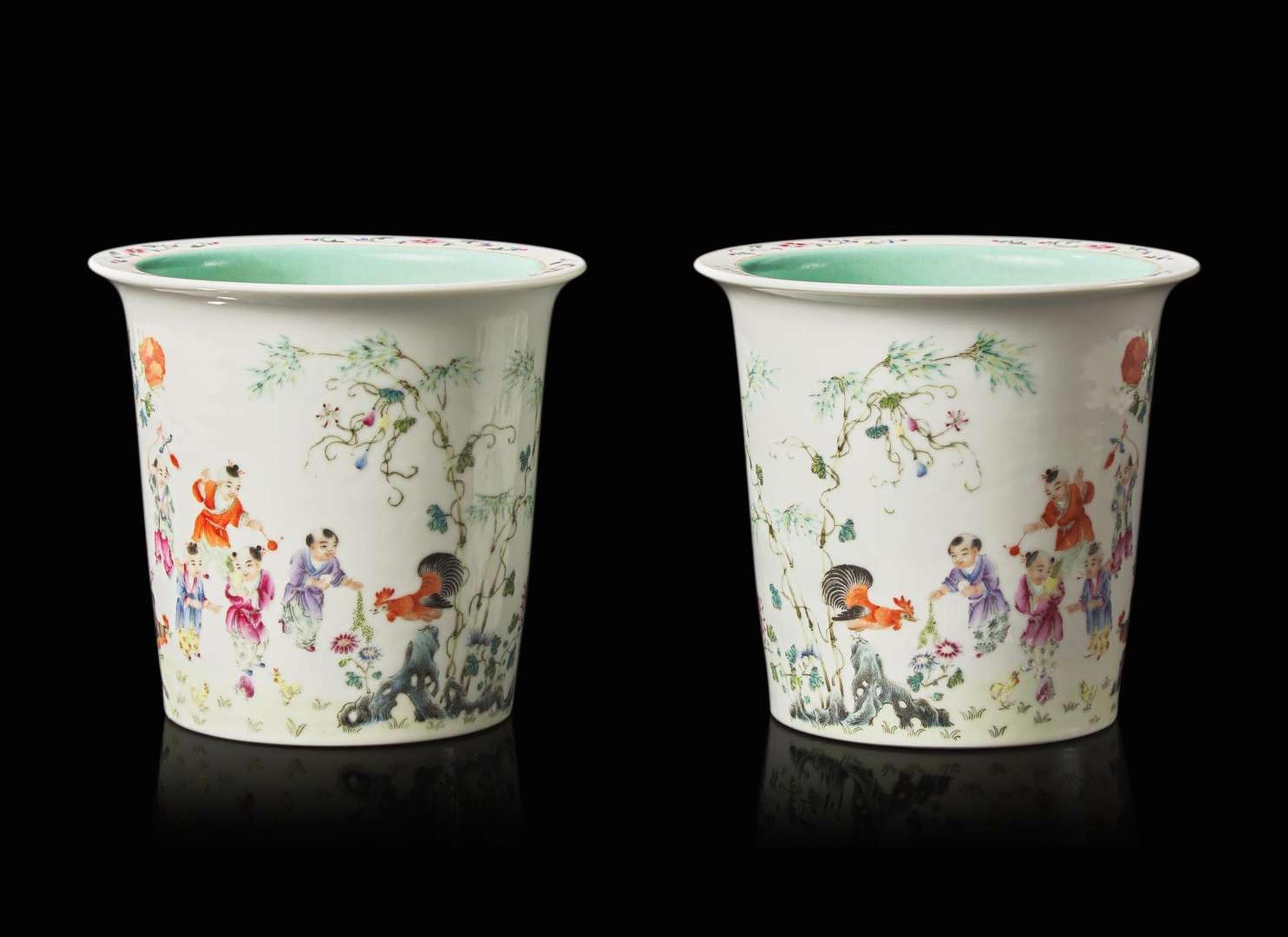 A pair of Chinese famille rose "Boys" jardinieres, six-character Guangxu mark 粉彩嬰戲花盆一對 光緒六字款