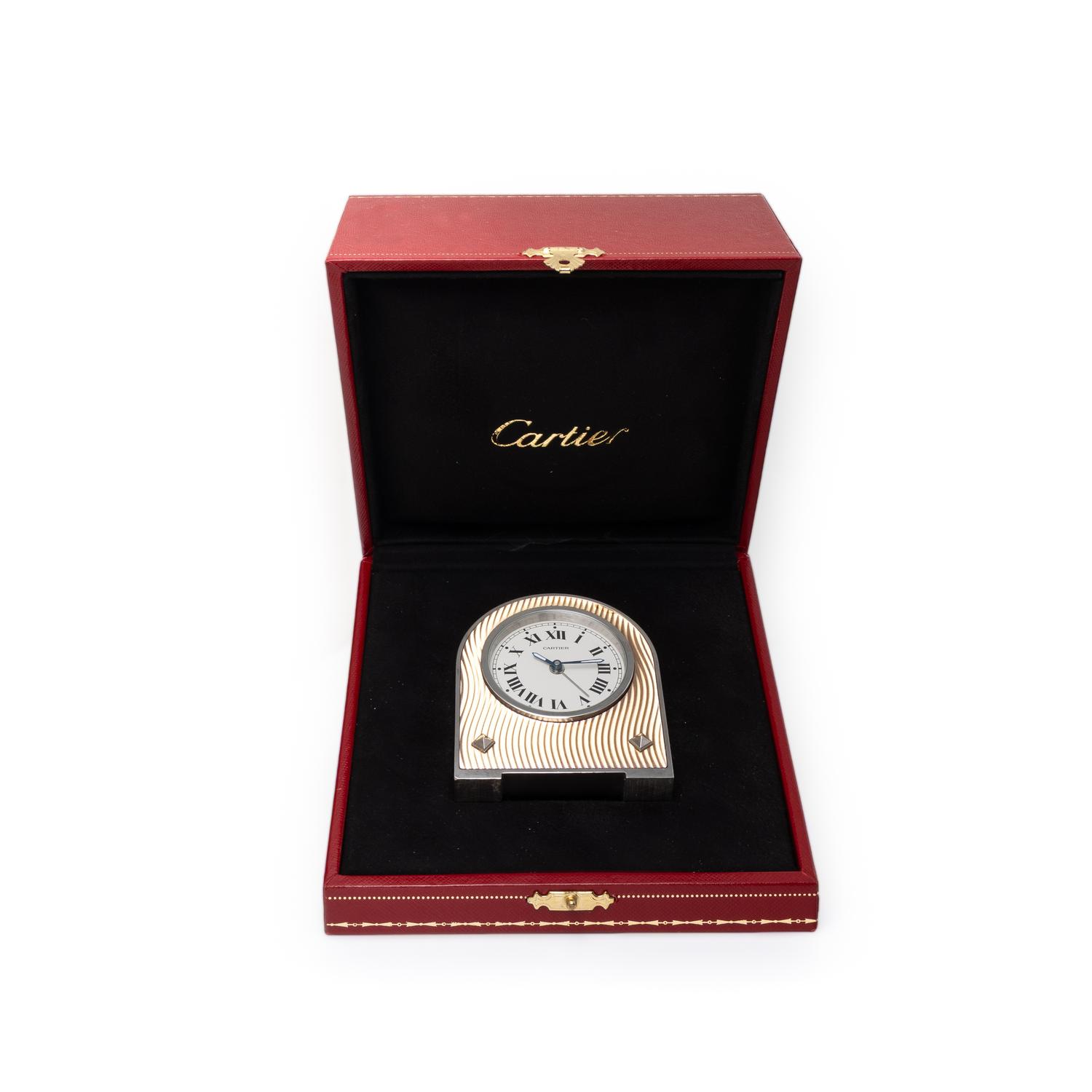 CARTIER, REF. 2746 STAINLESS STEEL AND ENAMEL ALARM CLOCK
