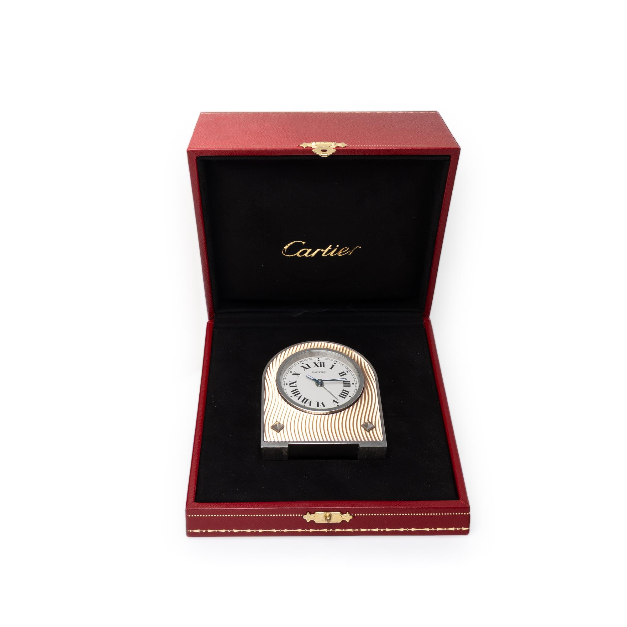 CARTIER, REF. 2746 STAINLESS STEEL AND ENAMEL ALARM CLOCK