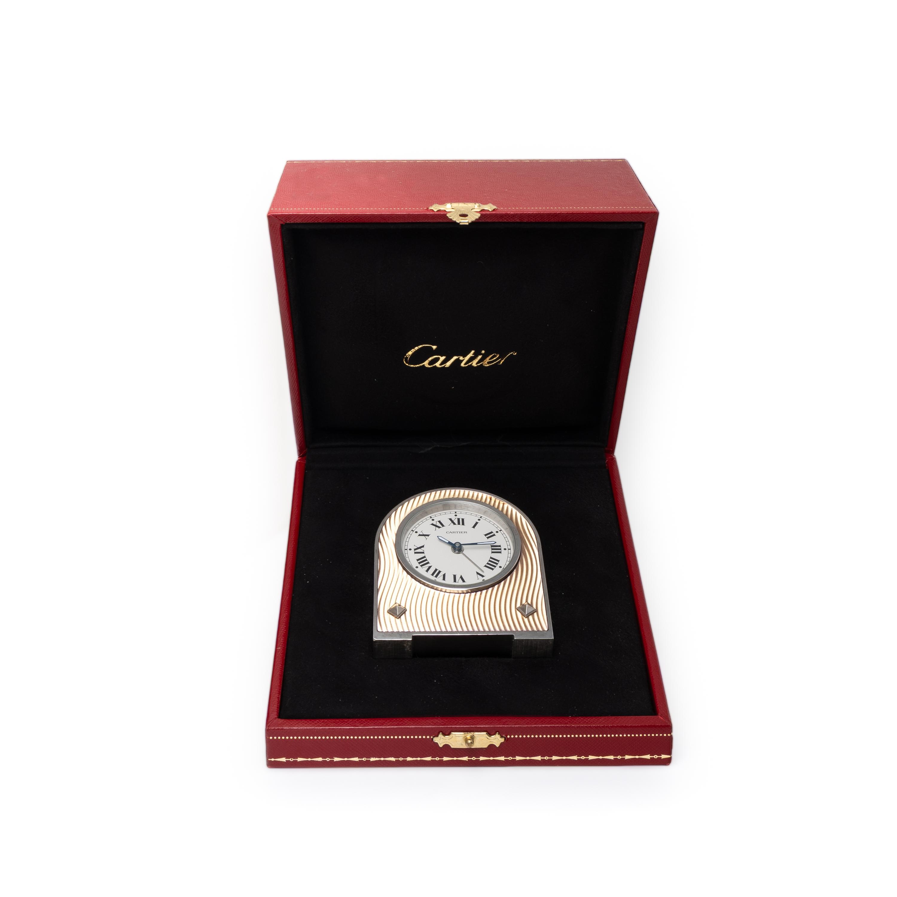 CARTIER, REF. 2746 STAINLESS STEEL AND ENAMEL ALARM CLOCK