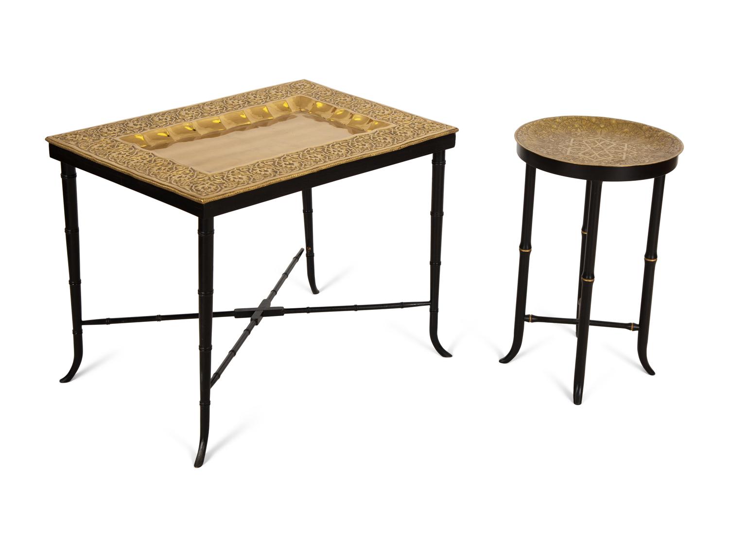 Two Chased Brass Tray-Top Occasional Tables with Ebonized and Gilt Stands — 20th Century