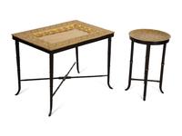 Two Chased Brass Tray-Top Occasional Tables with Ebonized and Gilt Stands — 20th Century