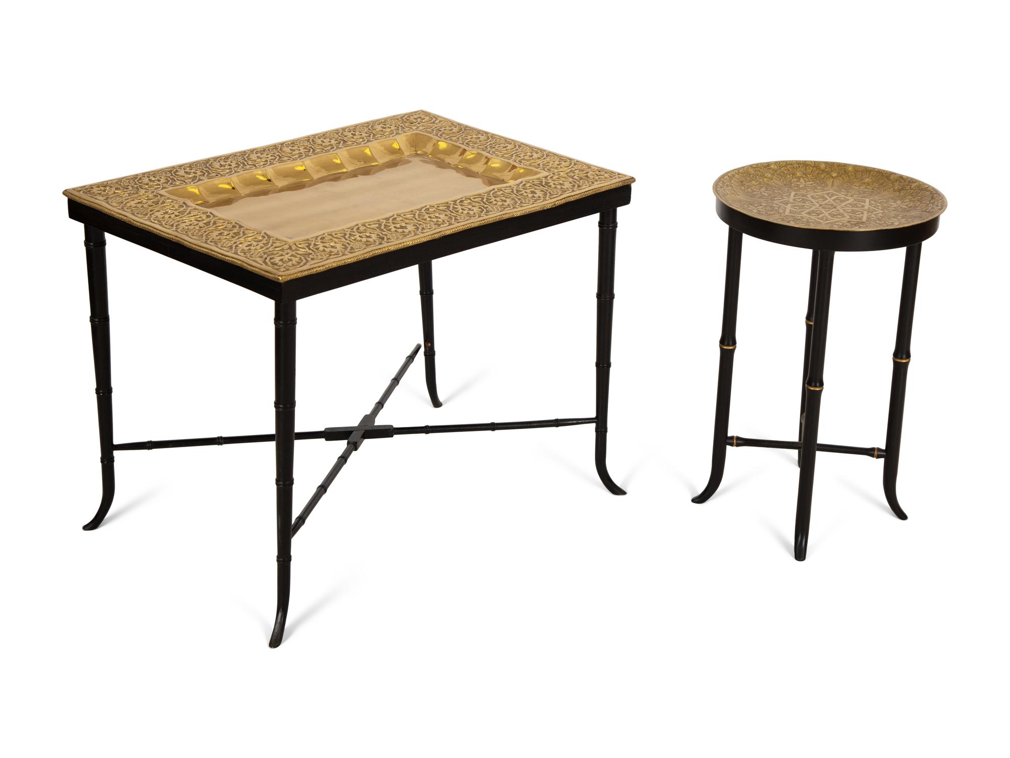 Two Chased Brass Tray-Top Occasional Tables with Ebonized and Gilt Stands — 20th Century