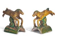 A Pair of Chinese Sancai Glazed Pottery 'Horse' Rooftiles