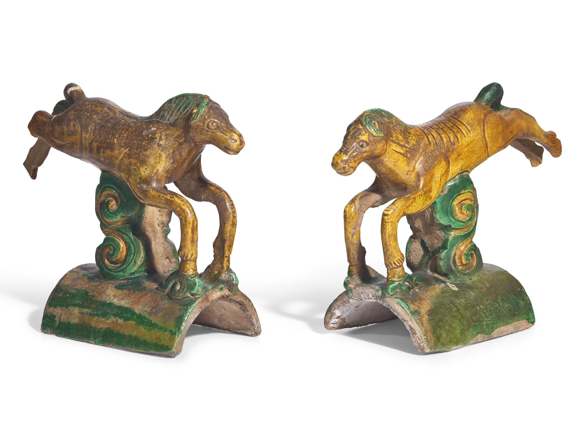 A Pair of Chinese Sancai Glazed Pottery 'Horse' Rooftiles